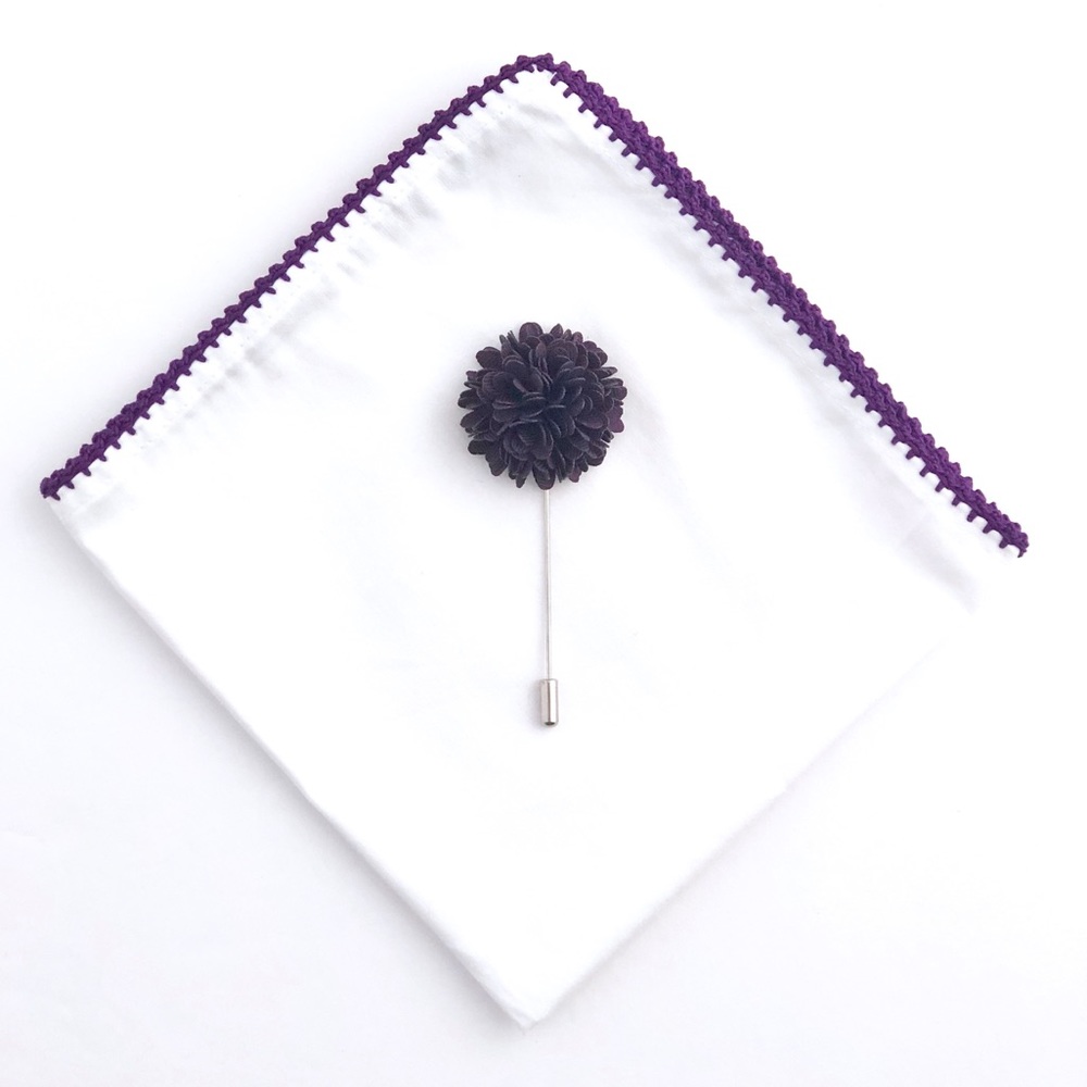 White w/ Purple Crocheted Pocket Square & Lapel Flower Set